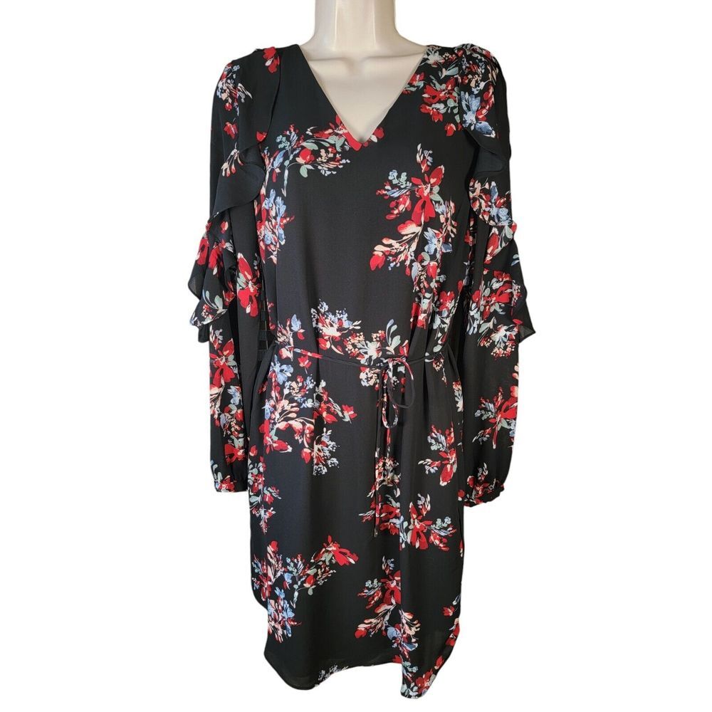 Lauren Ralph Lauren Dress Womens 4 Black‎ Floral Shift Long Sleeve Midi Lined